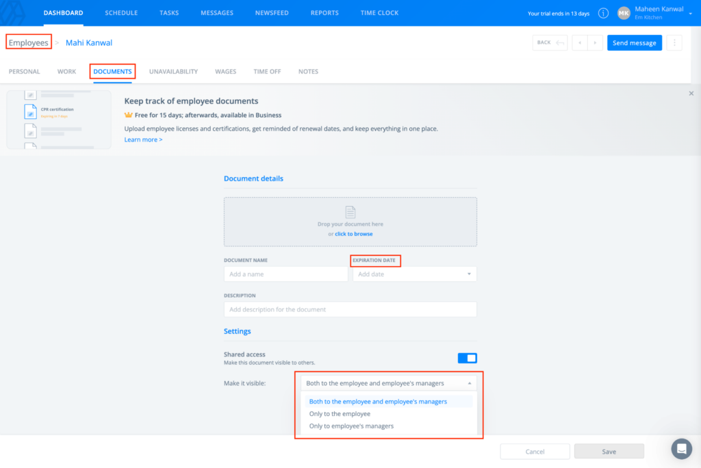 Sling employee documents screen showing file upload, expiration tracking, and permission settings for sharing documents with employees and managers.