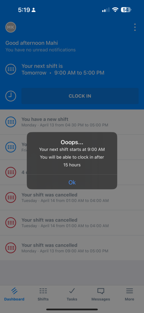 Sling mobile app showing a warning pop-up when attempting to clock in too early, blocking the action until the scheduled shift time.