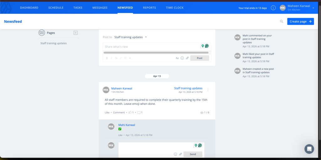 Sling newsfeed showing a team post with comments, likes, and viewer count, indicating who has interacted with the update.