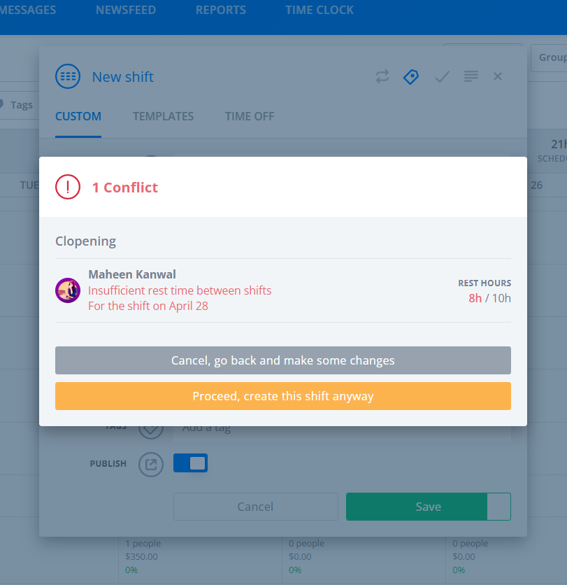 Sling shows conflict resolution options like leave assigned, make available, make unassigned, and leave uncovered.