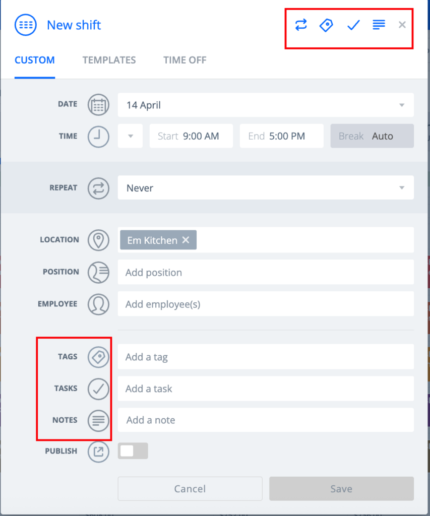 Sling’s “new shift” functionality lets you create shifts from a single screen, where you can assign employees, set shift details, and add tasks, tags, and notes without switching tabs.