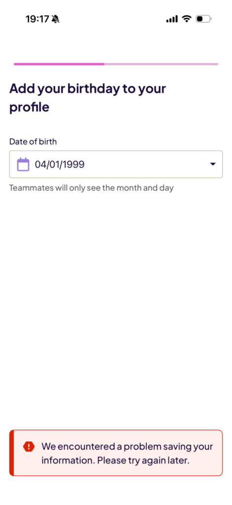 Screenshot of Homebase’s mobile app showing an error saying “We encountered a problem saving your information,” during an employee’s setup.