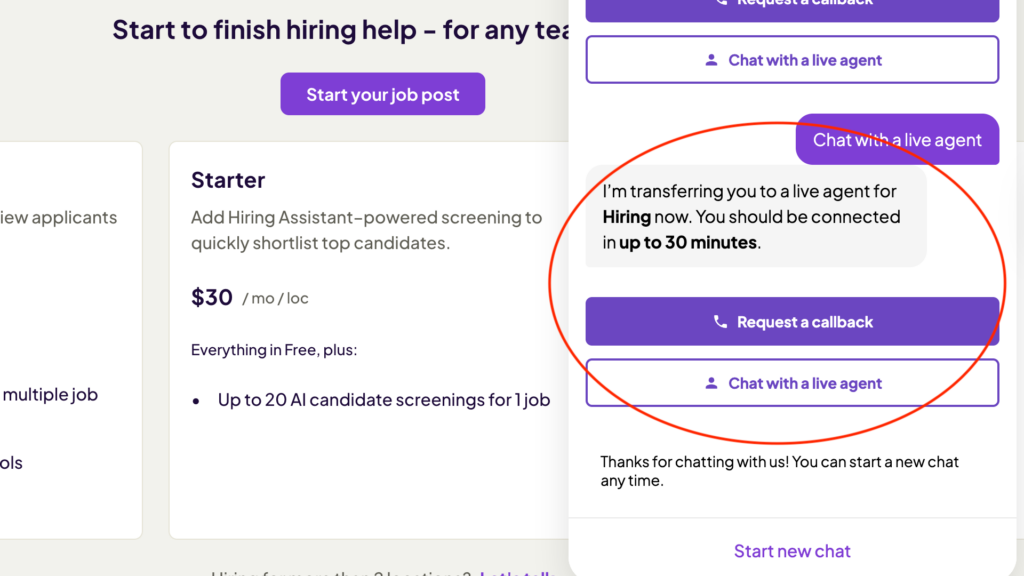 Annotated screenshot of me requesting Homebase’s AI agent to connect me with a live (human) agent. It said I would be connected in up to 30 minutes, but I didn’t hear back.