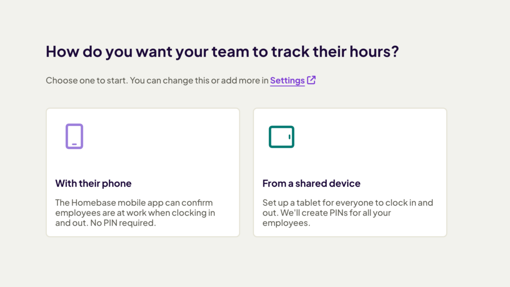 Screenshot of Homebase’s time clock controls, which lets managers restrict clock-ins/outs to personal phones (no PINs) or shared devices (PINs required).