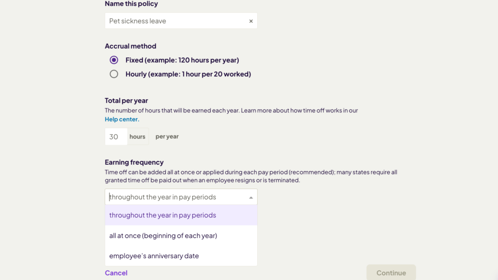Screenshot of Homebase’s time off dashboard where admins can start creating a new leave policy by naming the policy, choosing an accrual method (fixed vs. hourly), setting the total leave allowance in hours, and picking an earning frequency.