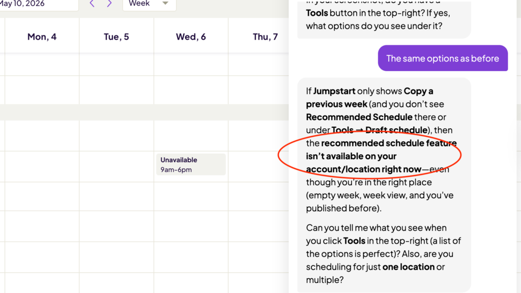 Annotated screenshot of my chat with Homebase support, where, after several troubleshooting steps, they suggested that the AI scheduler isn’t available in my account or location right now.