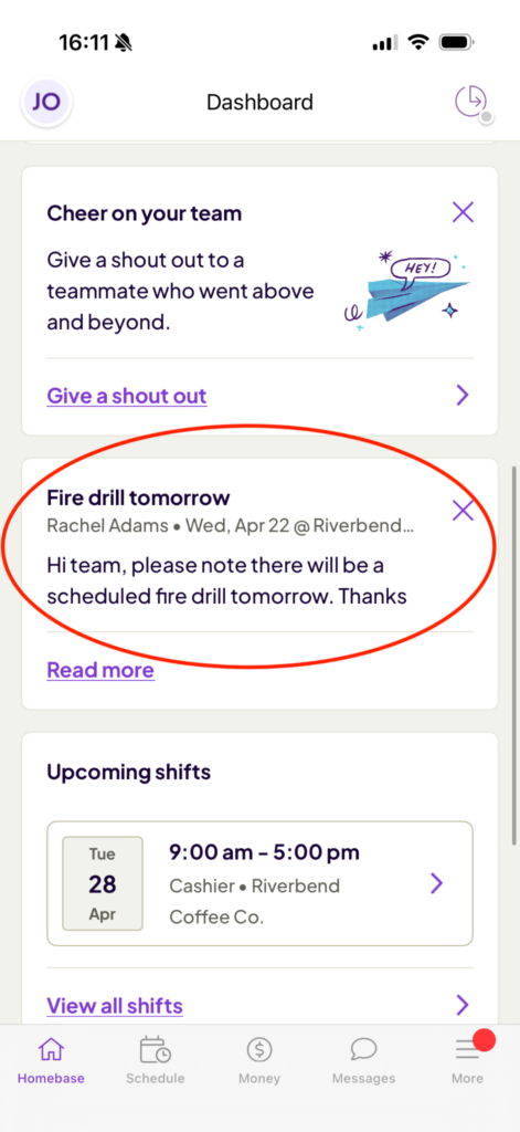 Annotated screenshot of Homebase showing a company-wide fire drill announcement on an employee’s mobile dashboard instead of as a separate flagged notification.