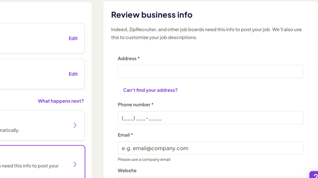 Screenshot of Homebase’s AI-powered hiring tool, which asks you to “review” business info but doesn’t seem to auto-fill it based on the information you’ve already provided during setup. It shows blank fields for your business’s address, phone number, email, website, and more.