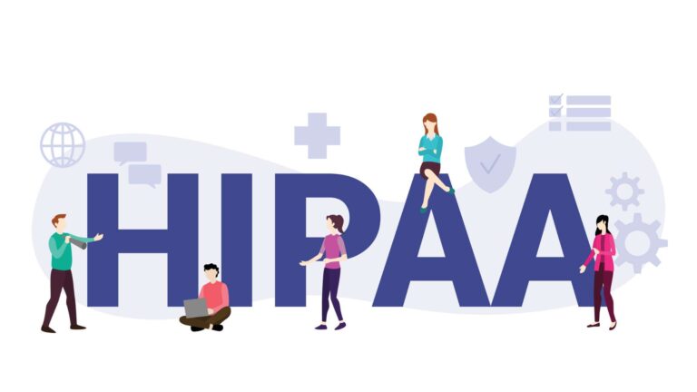 An illustration reading HIPAA with people sitting around the letters