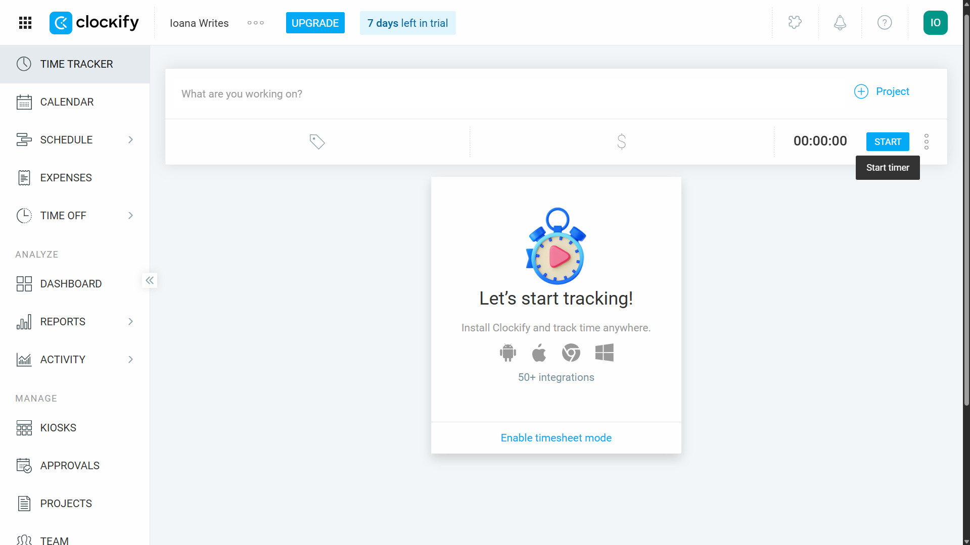 Screenshot of Clockify's account home screen, with a feature sidebar.