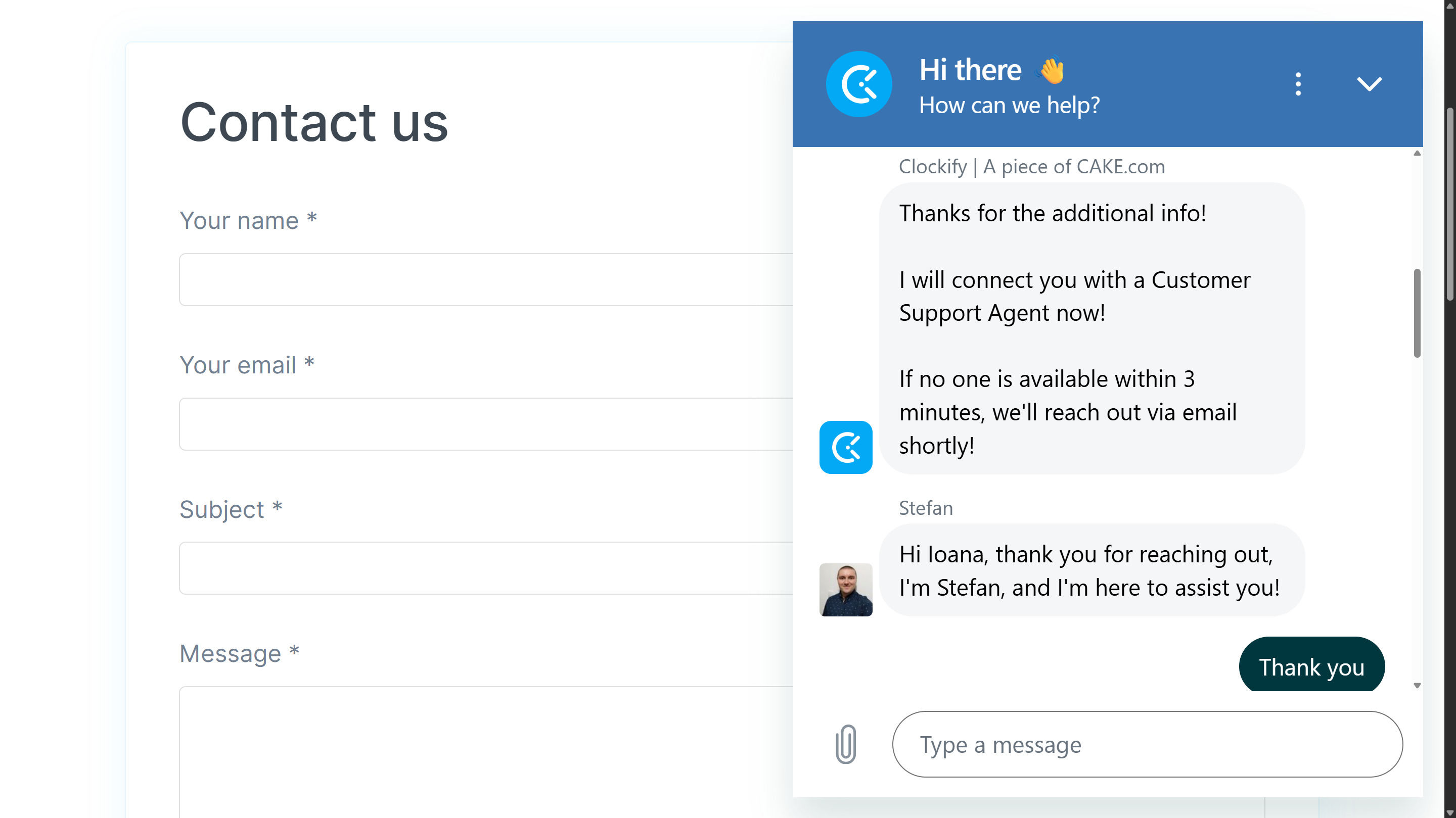 Screenshot of Clockify's live chat, where a user is chatting to an agent.