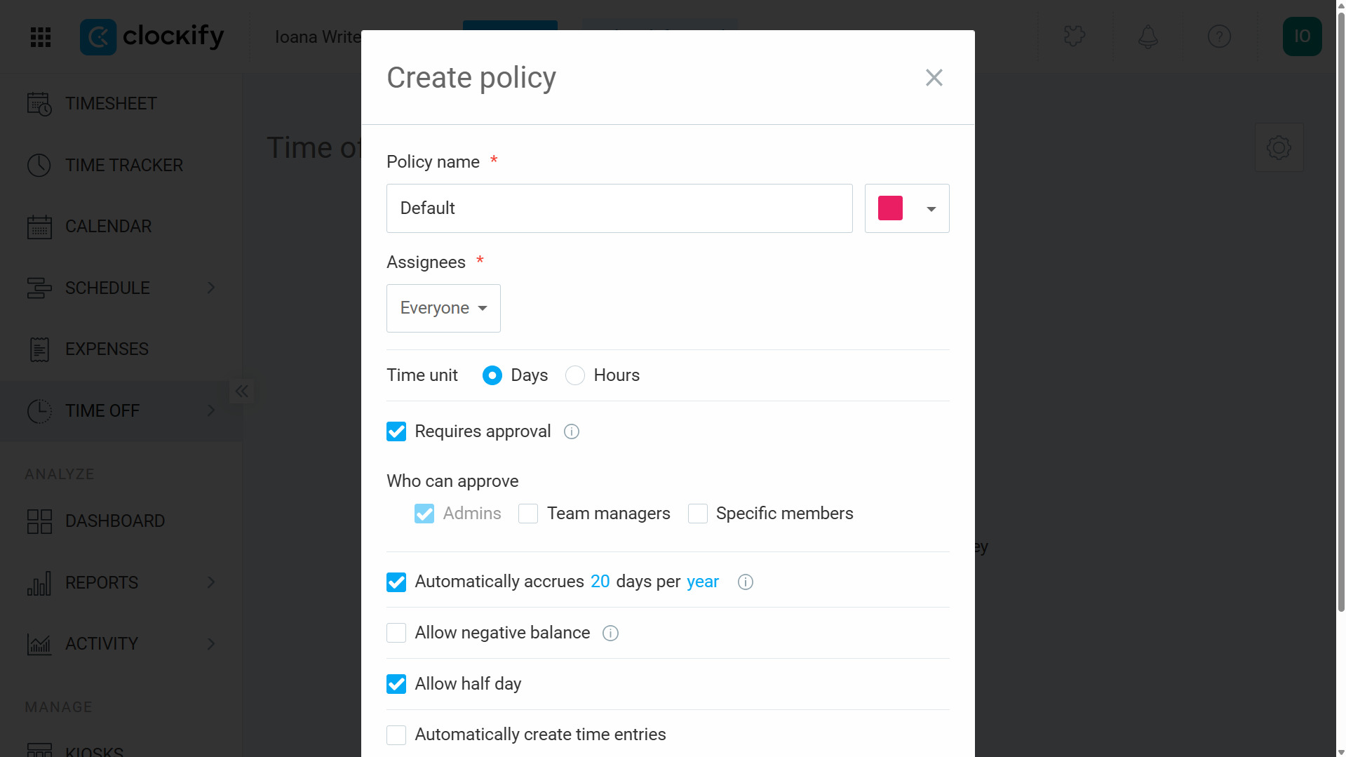 Screenshot showing a new time off policy being created on Clockify, including accrual and balance renewal rules.