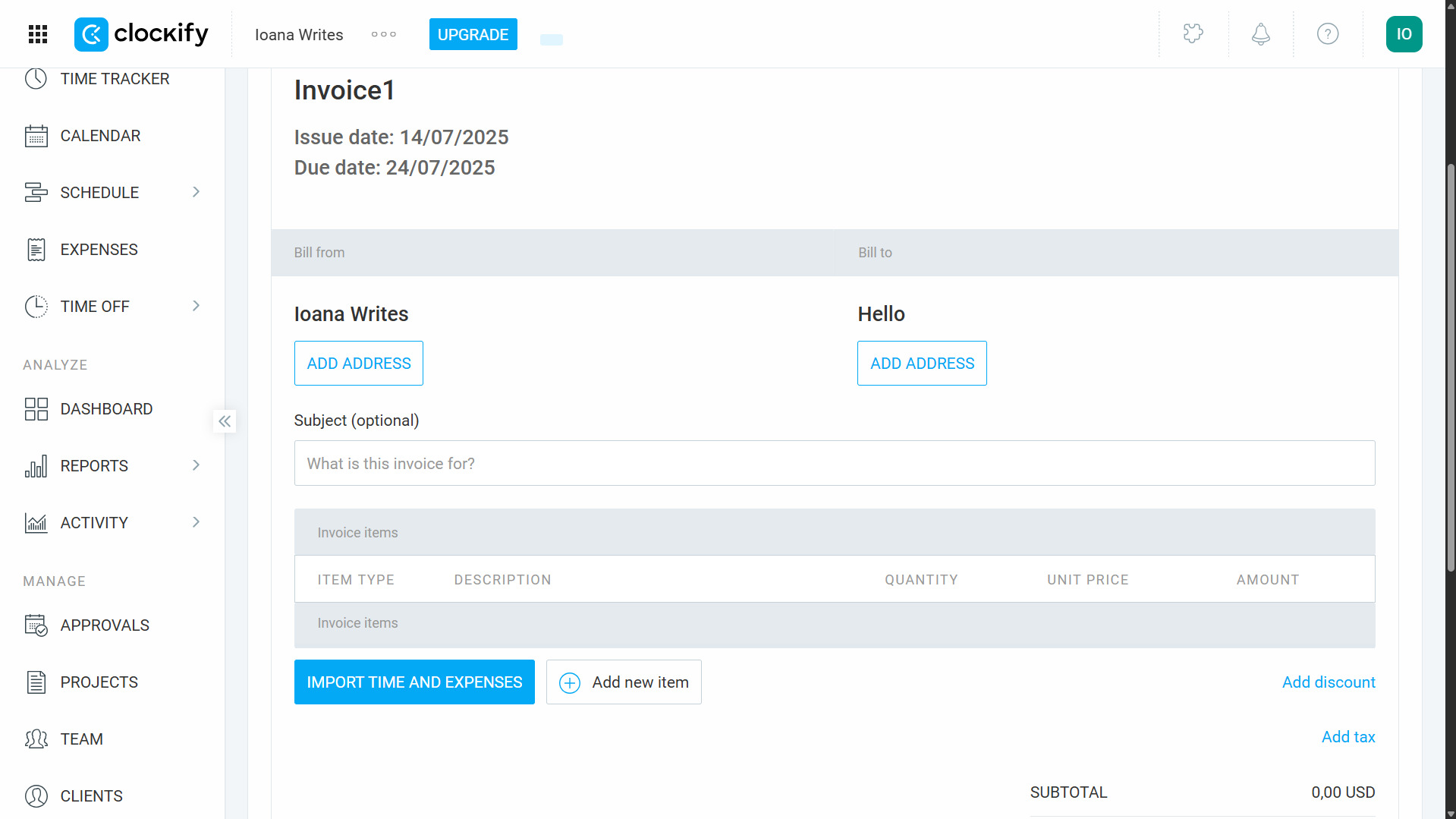 Screenshot of a fill-in invoice template in Clockify, with item descriptions and prices.