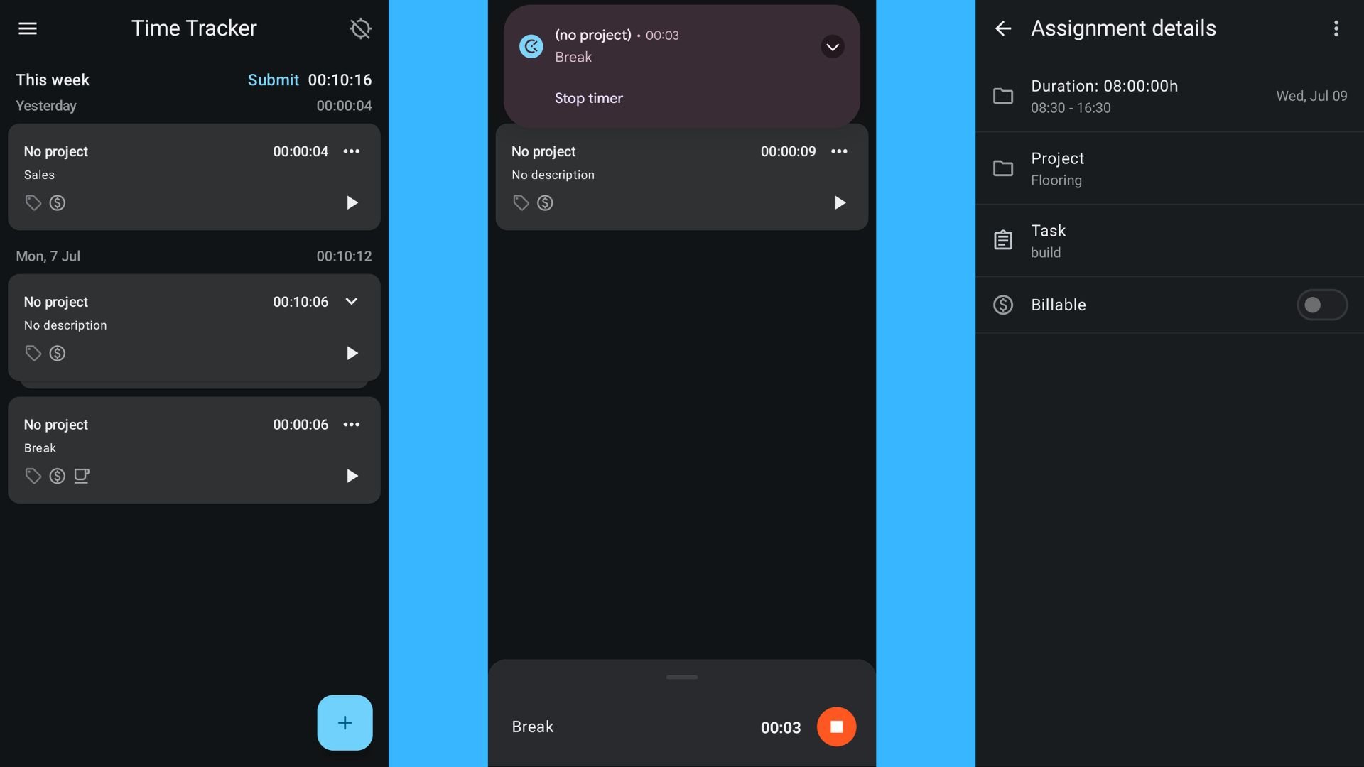 Collage of 3 Clockify mobile app screenshots showing time entries, assignment details, and a clock-in screen.