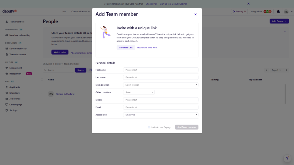 Screenshot of the Add Team member form, which asks for details such as first name, last name, and location.