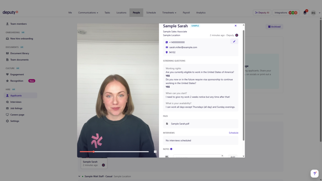 Screenshot of a Deputy applicant profile with a candidate video, contact details, screening questions, and notes.