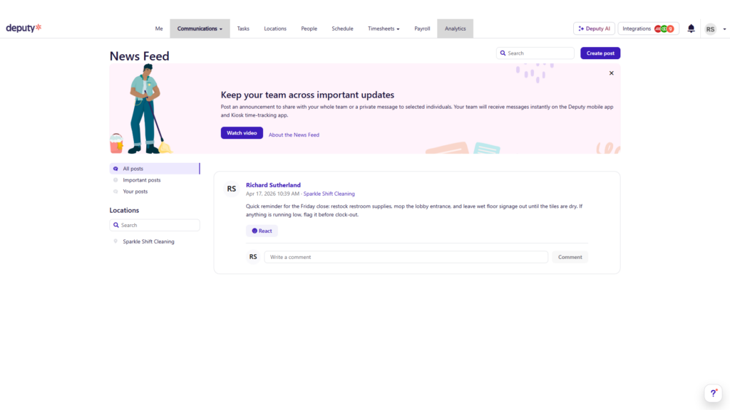 Screenshot of Deputy's News Feed, showing an example News Feed post from a manager. 