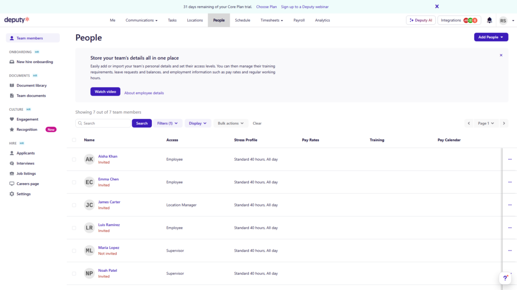 Screenshot of the People section of Deputy, with a menu that includes HR features like Onboarding, Documents, and Culture.