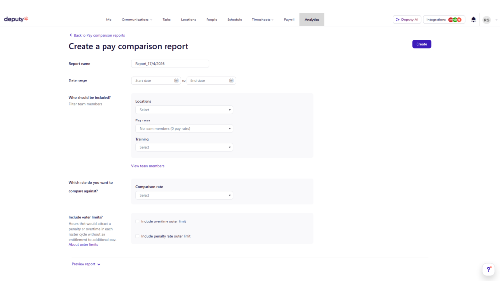 Screenshot of Deputy's pay comparison report creation form with fields including &ldquo;report name,&rdquo; &ldquo;date range,&rdquo; and &ldquo;who should be included?&rdquo;
