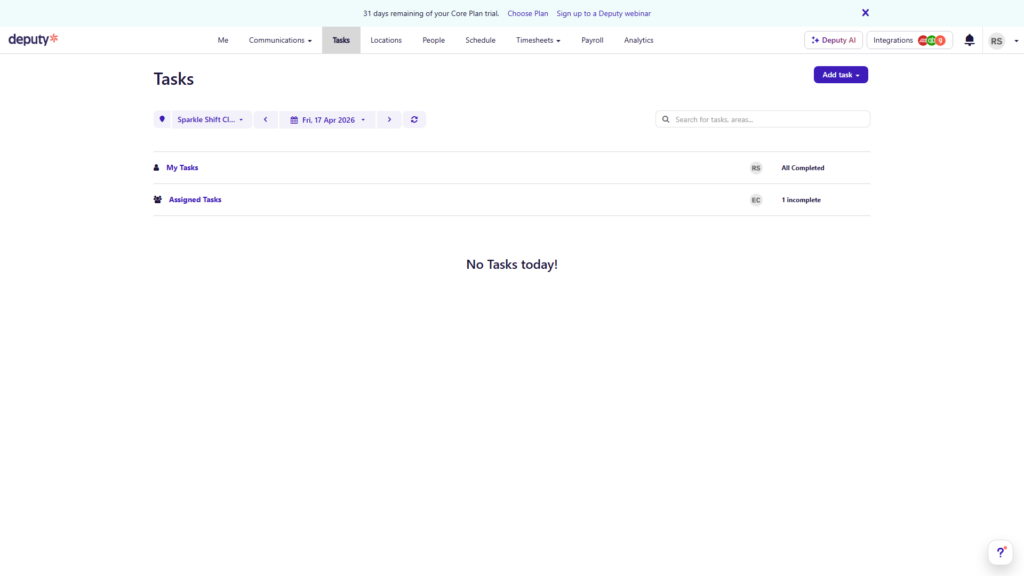 Screenshot of the Deputy Tasks page on Desktop, showing tasks organized into My Tasks and Assigned Tasks.