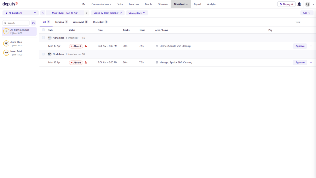 Deputy's timesheets page showing pending entries marked &ldquo;Absent,&rdquo; with hours, breaks, and approval actions visible.