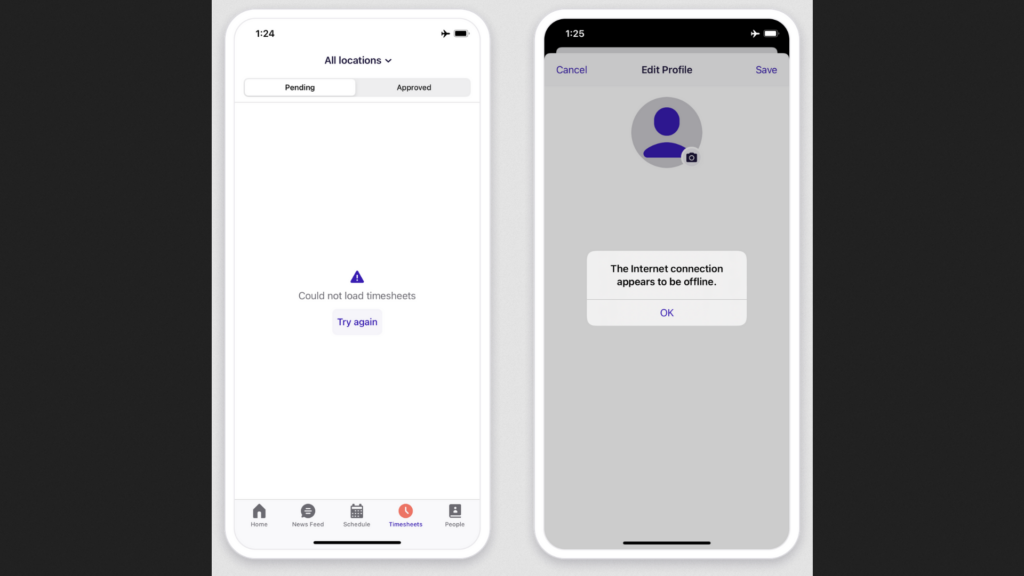 Composite screenshot showing some of the features of the Deputy mobile app that won't work when offline.