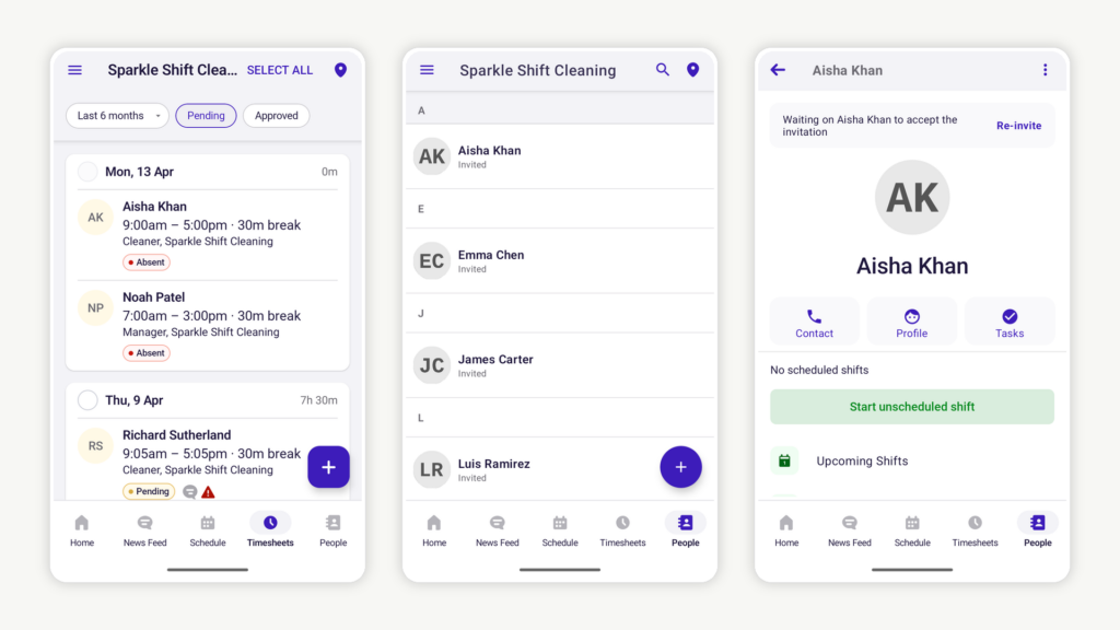 Deputy's mobile app showing timesheets, the people list, and an employee profile screen side by side. 