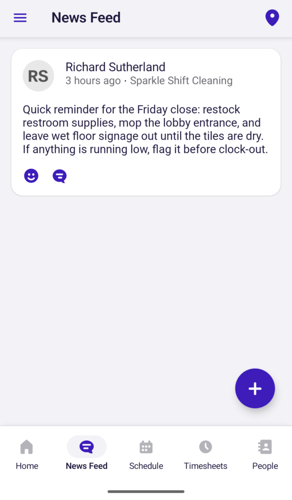 Screenshot of the Deputy News Feed on mobile showing a message from a manager.