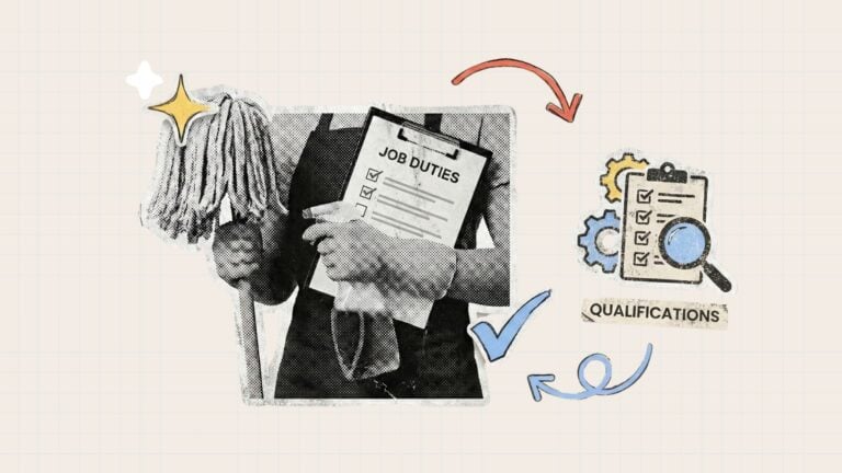 A collage of a cleaning worker holding a mop and a clipboard with job duties clipped to it
