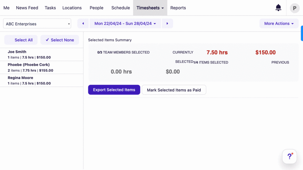 An animation showing the timesheet export process