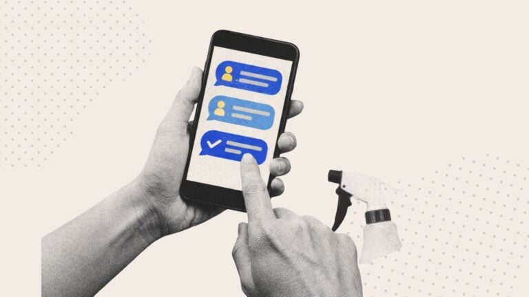 An illustration showing a hand holding a phone with messages next to a cleaning spray bottle