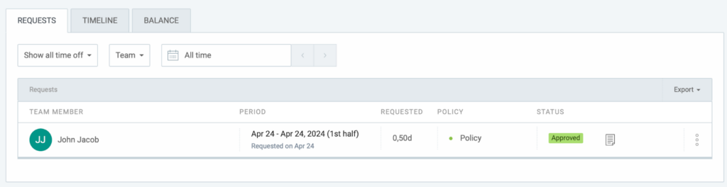 Clockify lets you manage time-off requests and balances on a centralized dashboard.   