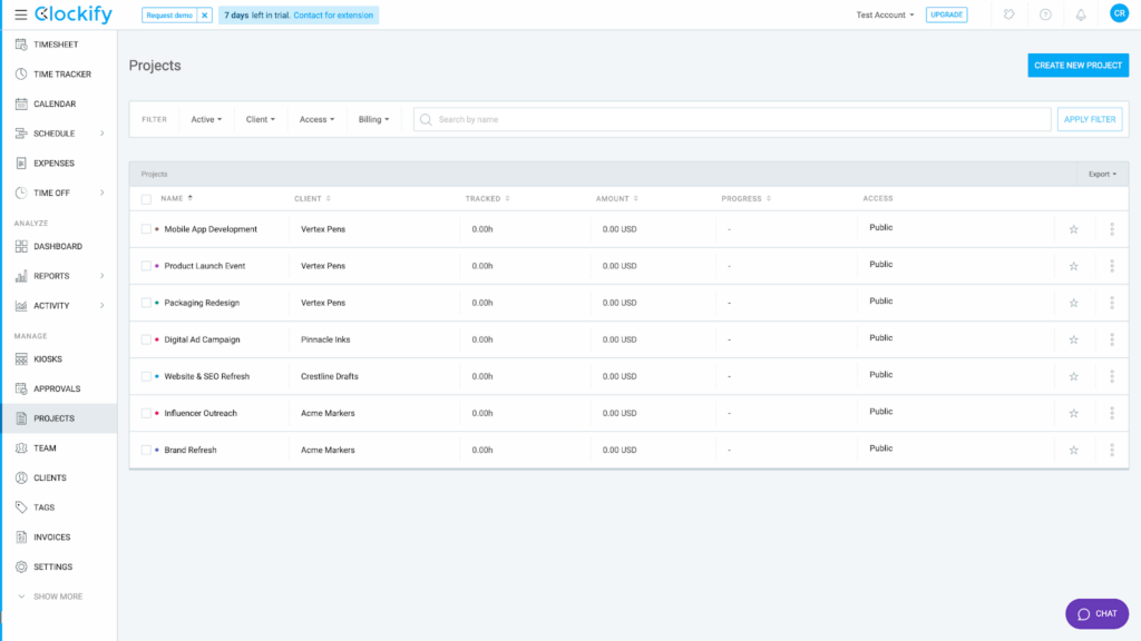 A screenshot showing the Clockify projects overview