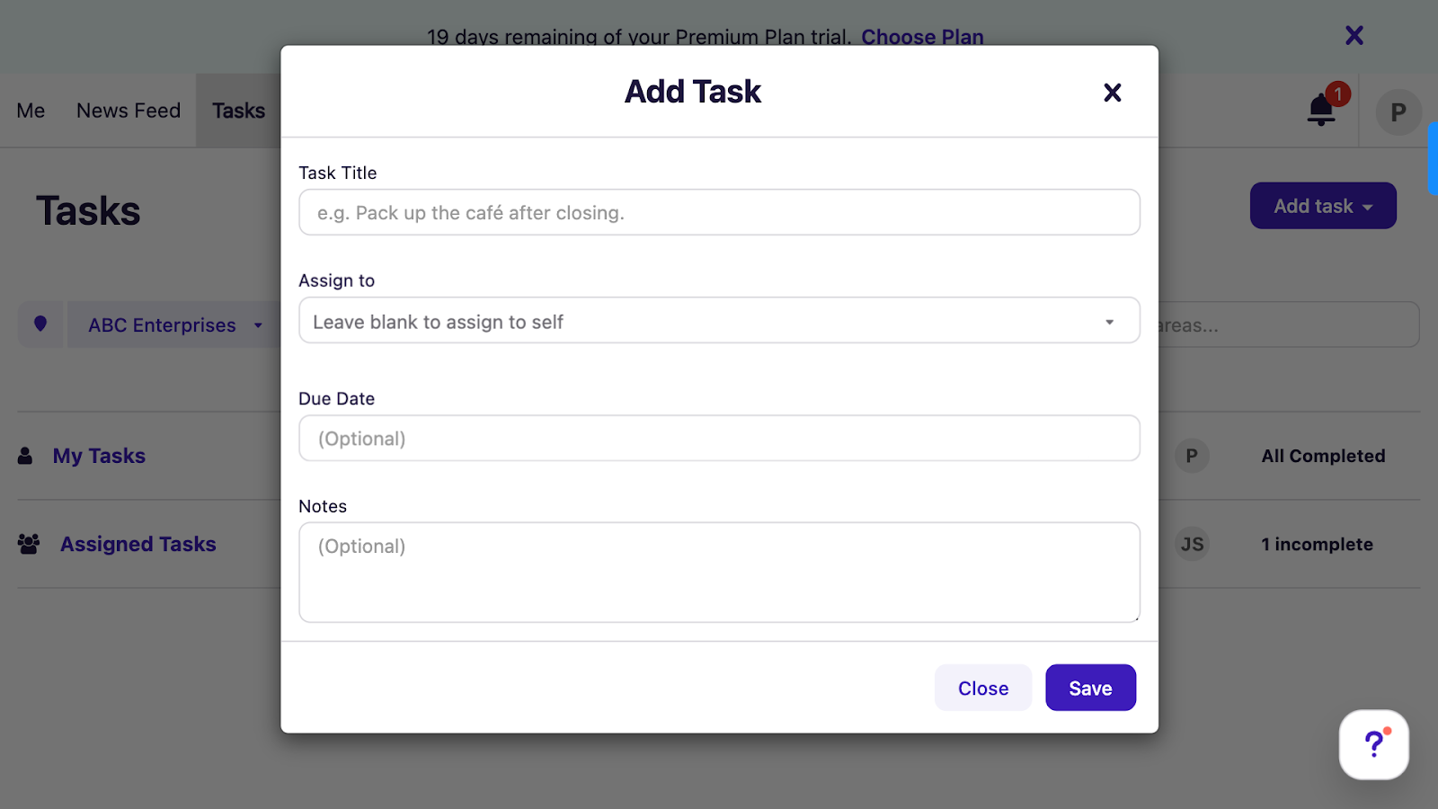 Creating, assigning, and adding notes and due dates to tasks using Deputy’s task management tool.