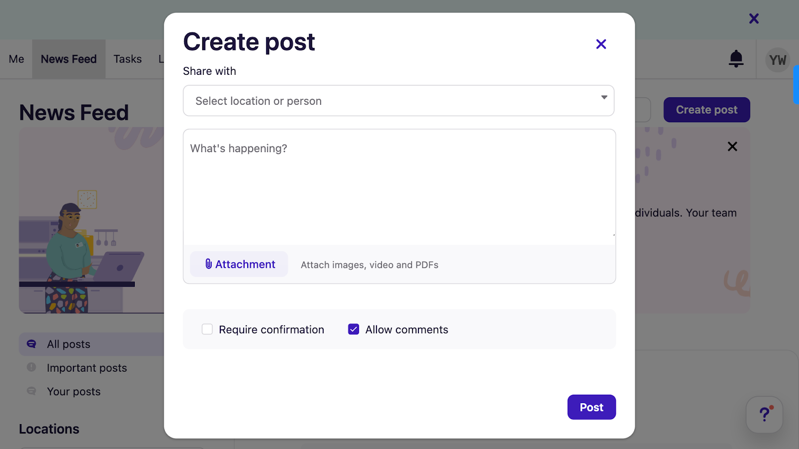 Deputy’s newsfeed lets you create a new post to share with a location or person, add attachments, require confirmation, and adjust commenting permissions. 