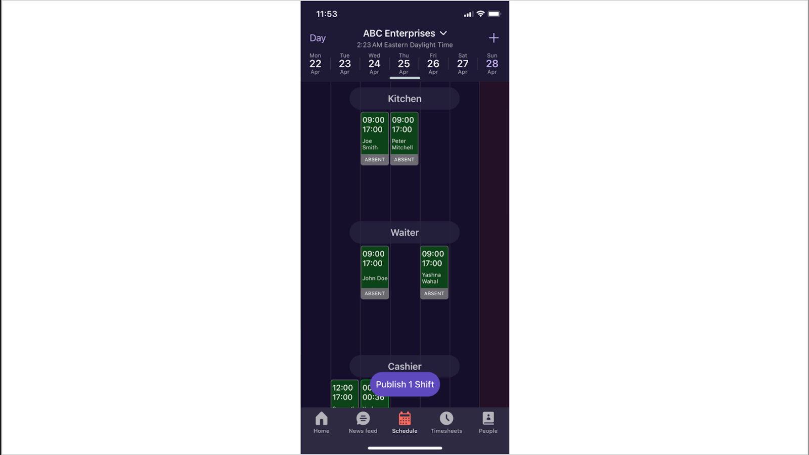 A view of what Deputy’s scheduler tool looks like on the iOS app