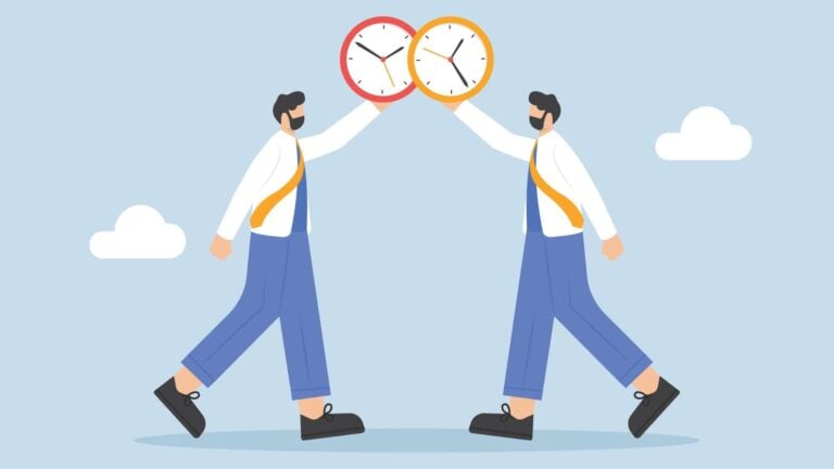 An illustration of two employees holding clocks to symbolize schedule changes