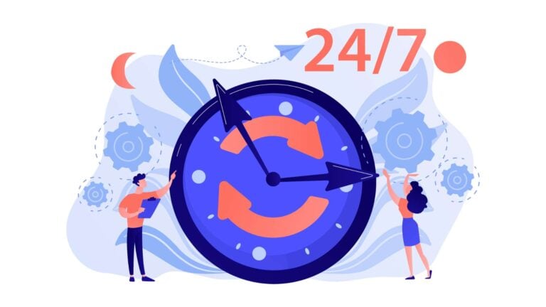 An illustration of employees with a clock showing 24 hours in a day