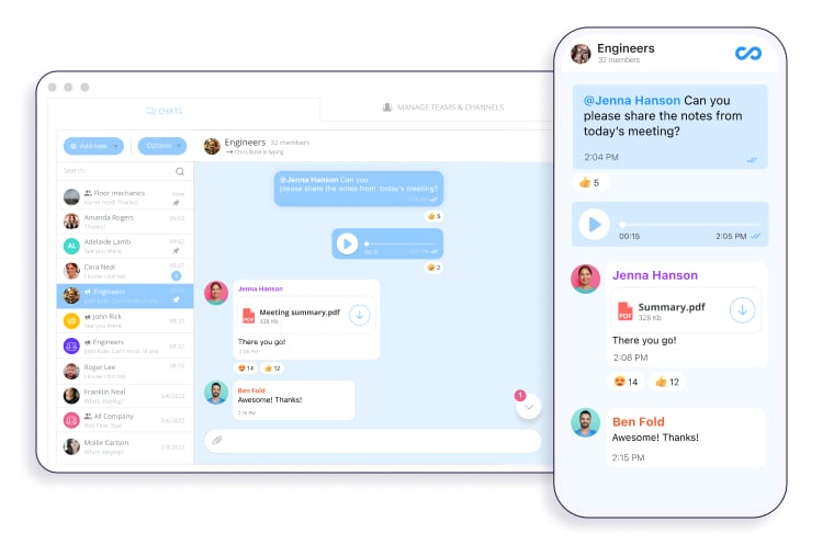 Connecteam's chat interface desktop and mobile