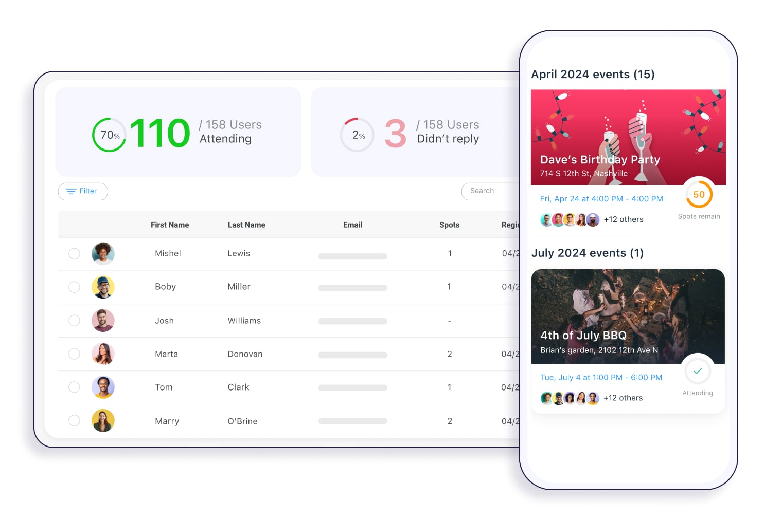 Connecteam's events interface desktop and mobile