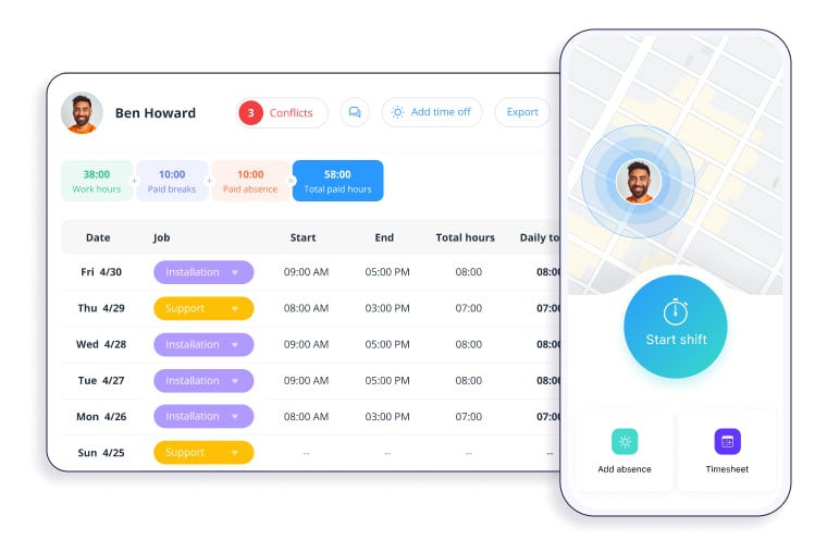 Connecteam's time clock interface desktop and mobile