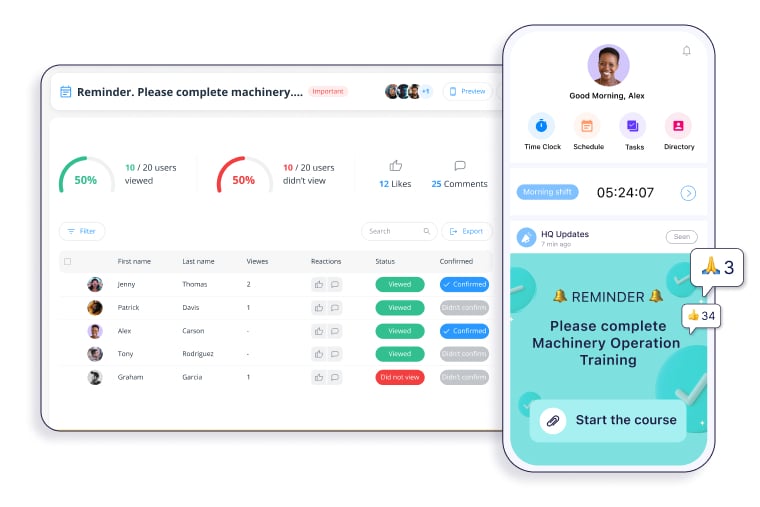 Connecteam's updates interface desktop and mobile