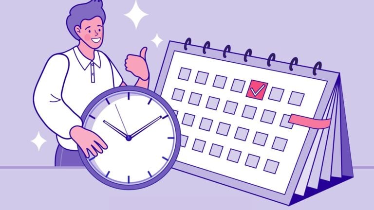 An illustration of a worker with a clock and a work schedule