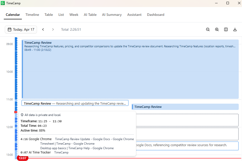 Screenshot showing TimeCamp&rsquo;s AI time tracker page. 