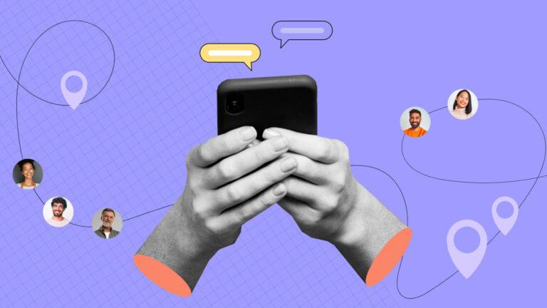 Hands holding a phone with profile images and chat icons, symbolizing connectivity