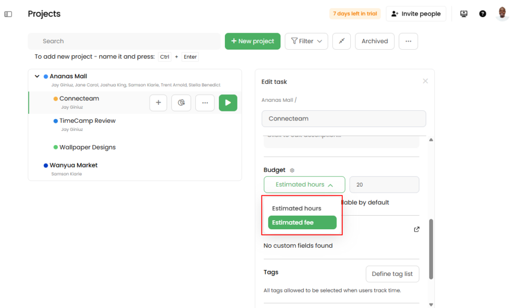 Screenshot showing TimeCamp&rsquo;s project budget settings page. 