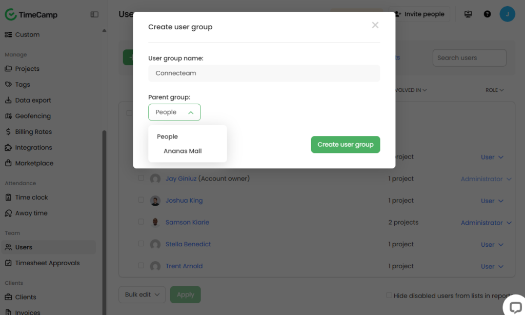 Screenshot showing TimeCamp&rsquo;s user group page. 