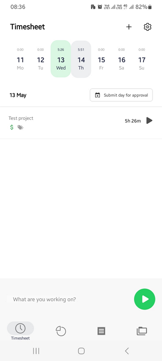  Screenshot showing TimeCamp&rsquo;s mobile app UI