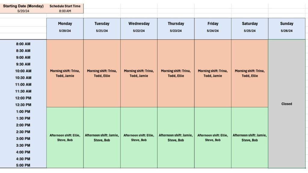 Example of a weekly schedule in Excel with color-coded morning and afternoon shifts. 