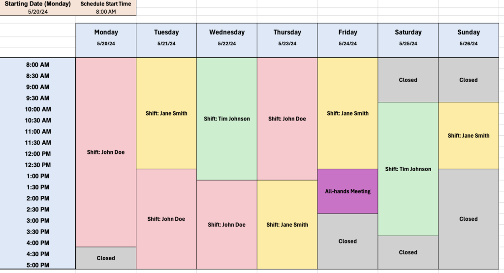 Example schedule in Excel with color-coded employee shifts.